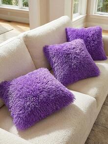 1/2/4pcs Solid Color Plush Pillow Cover (Pillow Insert Not Included), Minimalist Double-Sided Fluffy Square Cushion Cover, Soft Comfortable Home Decor Throw Pillow Case, Suitable For Bedroom, Living Room, Sofa, Chair, Zipper Closure - Violet Purple - View 4