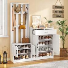 White Wardrobe Set Measuring 140.6 X 32 X 180 Cm, Hallway Wardrobe Panel + Shoe Racks, Matte Finish, Hallway Furniture, Hallway Drying Rack, Hallway Wardrobe, Shoe Changing Area - White - View 12