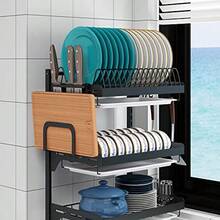 Estante para secar platos de montado en la pared cesta de almacenamiento de frutas y verduras con escurridor y palillos colgantes jaula para cuchillos suministros de - Acero inoxidable  3 niveles - Ver 3