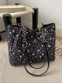Fashion Large Capacity Solid Color Shoulder Tote Bag, Suitable For School, Travel, Shopping, Dating, Women's Gift Corduroy Handbag, Fashionable Chain Shoulder Bag, Large Capacity Plush Handbag, Backpack, Portable, Large Capacity, Lightweight, Suitable For Teenage Girls, Women, College Students, Middle And High School Students, Outdoor, Travel, Outing, Work, Business, Commuting. Bow, Heart Decor Pattern - Black - View 4