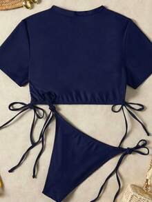 New Summer Drawstring Solid Color Bikini Women's Beach Swimwear Vacation - Royal Blue - View 3