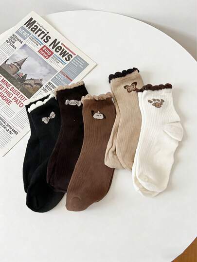 5 pares de calcetines a media pierna a rayas vintage para mujer, aptos para todas las estaciones, con encaje y bordados lindos, lavables a máquina, estilo japonés Kawaii