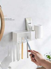 1pc Plastic Multi-Slot Toothbrush Holder With Cover, Wall-Mounted Toothbrush Storage Rack, Self-Adhesive No Drilling Toothbrush Organizer, Suitable For Toothpaste And Bathroom Use - White - View 5