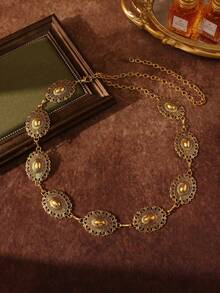 1 pieza Cadena de cintura de metal tallado vintage y de moda, cinturón de cintura versátil bohemio, cadena de falda, cadena de pantalones, adecuado para uso diario y fiestas de mujeres - Dorado - Ver 1