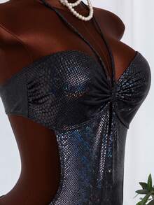 Women's Backless Lace-Up One-Piece High-Elastic Snake-Print Beach Vacation High-Quality Bikini One-Piece Women's Swimsuit Black Summer - Black - View 4