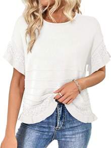 Women Short Sleeve Summer  Sweaters Casual Ruffled Hem Knit Pullover Tops Cute Solid Color Crochet Blouses - 白色 - 查看 9