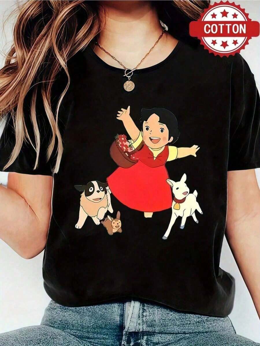 Fun Cotton T-Shirt With A Cartoon Character Print For Women Who Enjoy Casual And Relaxed Moments. Exclusive Design With A Vibrant And Inviting Look. Perfect For Casual Outings, Meeting Up With Friends, Or Days Off. Available In Sizes S And L And In 's Fashion, 2023, For Young People Who Love Original Looks. 5CFD - 黑色 - 查看 1