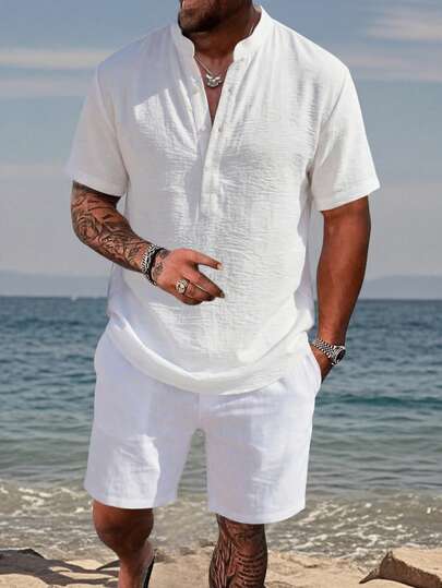1pc Plus Size Men's Casual Fashion Polo Shirt, Linen-Like Fabric Henley Collar Shirt, Suitable For Summer Beach, Shopping, Leisure, Outdoor Travel And Daily Wear White