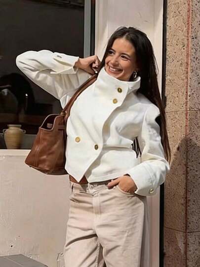 Blazer blanco casual y elegante para mujer con cuello alto, de una sola hilera de botones, chaqueta corta, nueva moda primaveral para oficina y vacaciones
