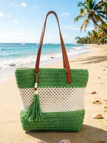 1pc New Holiday Tassel Pendant Bicolor Straw Tote Bag, Casual Shoulder Handbag, Beach Bag, Travel Bag, Valentine's Day Gift For Women, Woven Bag,Fringe Bag - Mint Green - View 6