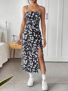 Daisy Print Short Strappy Dress With Slit - Sweet And Sexy Style For Spring Summer - Black and White - View 1