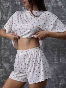 Bộ 2 món/Bộ mùa hè mới rộng rãi dễ thương họa tiết hoa hồng tay ngắn và quần short, thích hợp mặc ở nhà và mặc ngoài - Đỏ và trắng - Xem 5