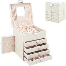 Scatola portagioie a 5 ripiani, grande portagioie in pelle PU con 6 cassetti, grande organizer per gioielli, anelli, orecchini, bracciali, beige - Grigio - Visualizzare 8