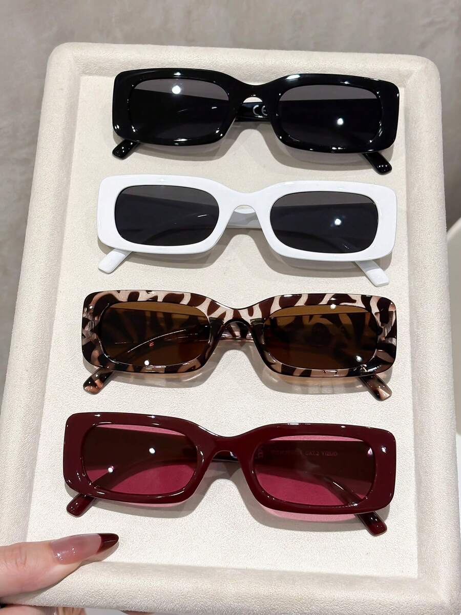 4 piezas Gafas de mujer con marco cuadrado de plástico, gafas de estilo casual y oversize para la playa, vacaciones y uso diario - Multicolor - Ver 1