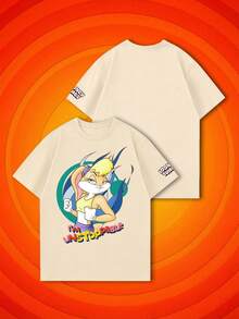 SHEIN X Looney Tunes T-shirt graphique à manches courtes pour femmes, style classique d'été avec lapin de dessin animé cool et slogan inspirant. Une fusion du style doux et cool de l'e-girl et du style rétro américain - Nude - Voir 2