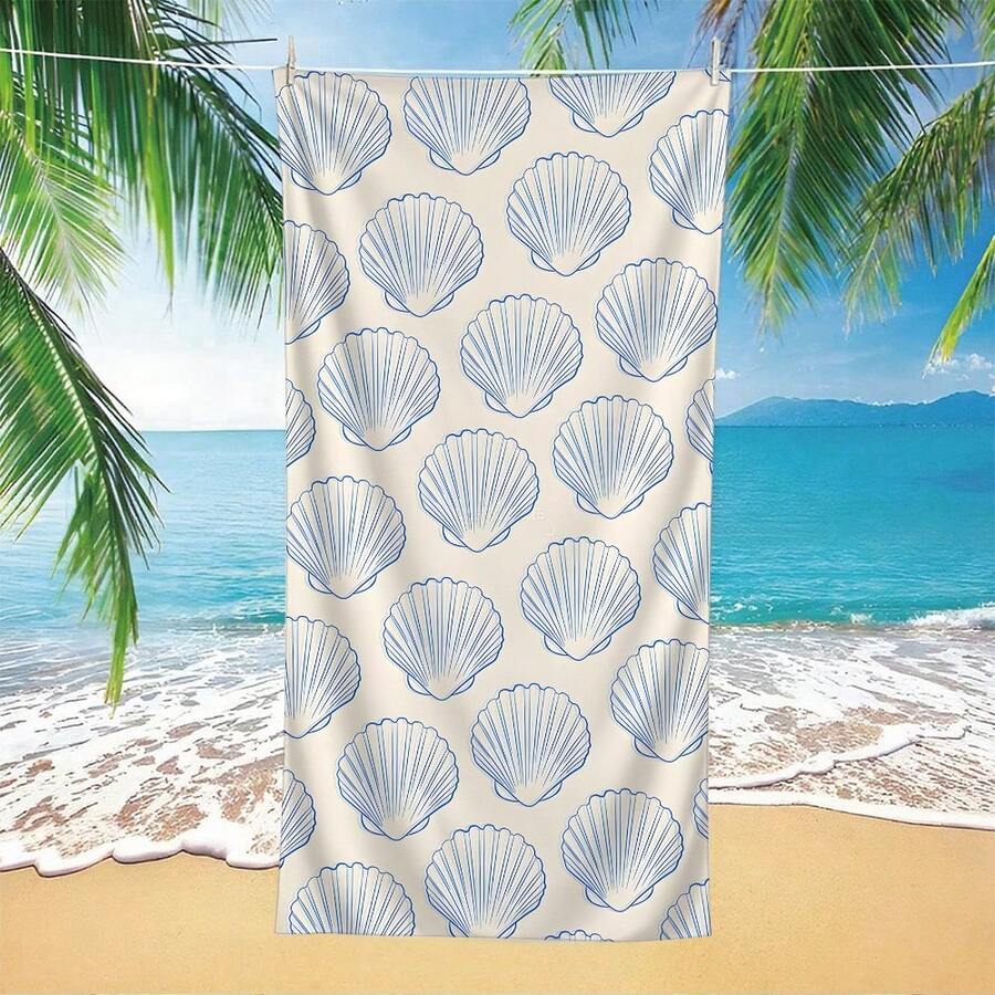 Modern Blue & White Seashell Pattern Beach Towel - Super Soft & Absorbent Microfiber, Lightweight & Durable, Machine Washable, Suitable For Summer Vacation, Swimming Pool, Beach Decor, Also Can Be Used As Bath Towel - Multicolor - View 1