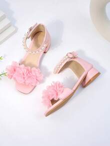 Giày sandal hoa cho bé gái, giày khiêu vũ trẻ em, kiểu dáng xuân/hè mới, sandal cao gót cho bé gái, sandal cổ lửng đính ngọc trai kiểu công chúa cho học sinh. - Hồng - Xem 3
