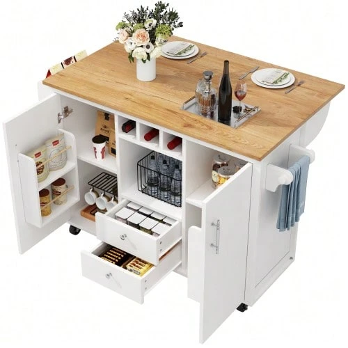 Kitchen Island Unit Measuring 120 X 73 (45) X 92 Cm, Kitchen Cabinet, Kitchen Trolley And Folding Worktop With Towel Rack, Spice Rack, Door Shelf, Bottle Rack And Adjustable Shelves, White/Black - 白色 - 查看 1