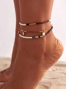 Juego de 3 tobilleras de cuentas de arroz de colores estilo versátil de playa y vacaciones de verano, adecuado para uso diario, vacaciones y días festivos - color café - Ver 2
