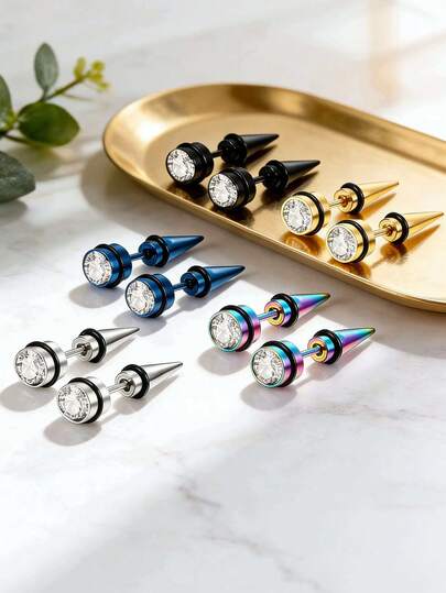 5 Pairs Stainless Steel Hiphop Style Fashion Earrings Set, Suitable For Men And Women, Multiple Colors Available, Suitable For Daily Wear Or Gatherings, Can Be Given As Gifts To Friends