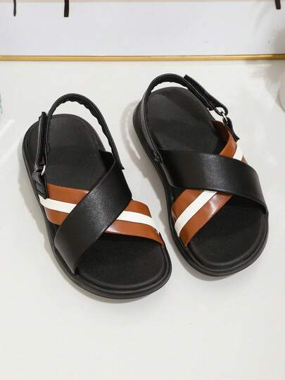 1 Paio di Sandali Romani, Colore Unito in Morbida Pelle con Cinturini Incrociati, Stile Classico Minimalista con Punta Tonda, Suola Morbida ed Elastica, Chiusura con Gancio e Anello, Scarpe da Spiaggia di Stile Campus alla Moda per Ragazzi e Ragazze, Nuova Collezione Primavera/Estate