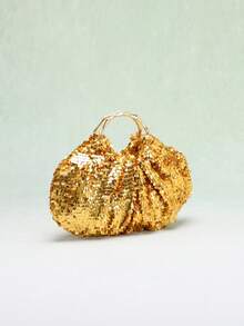 1pc Metallic Shiny Sequin Cloud Shaped Pleated Handbag, Luxury Bamboo Handle Tote Bag, Elegant Party Evening Clutch Suitable For Formal Dress - Gold - View 3