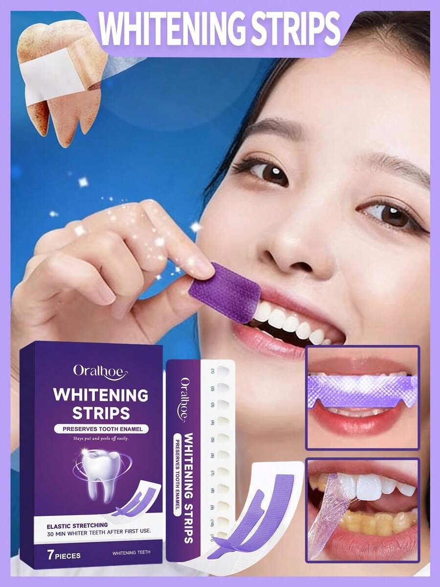 1 Hộp 7 Miếng Dán Làm Trắng Răng Màu Tím + 1 Bảng So Màu, Làm Trắng Nhanh Trong 30 Phút, Loại Bỏ Vết ố Tím, Miếng Dán Làm Trắng Răng V34, Chăm Sóc Nhẹ nhàng Bề mặt Răng, Sử dụng liên tục có thể tăng cường độ trắng sáng và sức sống cho răng, Miếng dán đàn hồi, Dễ bóc.