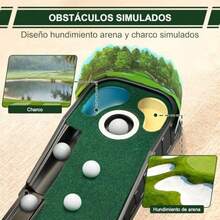 Práctica de Putting de Golf Tapete Portátil de Golf con con Sistema de Retorno de Bola Doble Pista Panel Panorámico Desmontable Diseño Hundimiento Arena y Charco Simulados para Interior y Exterior - Verde - Ver 3