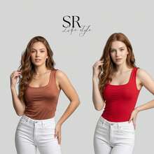 Set Of 2 Women's Premium Square Neck Tank Tops For Summer Fashion - 淺棕色/紅色 - 查看 2