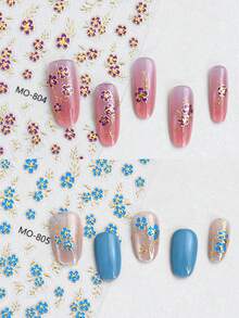 6 pièces Décalcomanies de fleurs colorées gaufrées avec des bords dorés, design floral vintage, décorations d'art pour ongles autocollantes DIY en rose, violet, rouge, bleu, convient pour les stickers d'ongles d'été - Multicolore - Voir 7