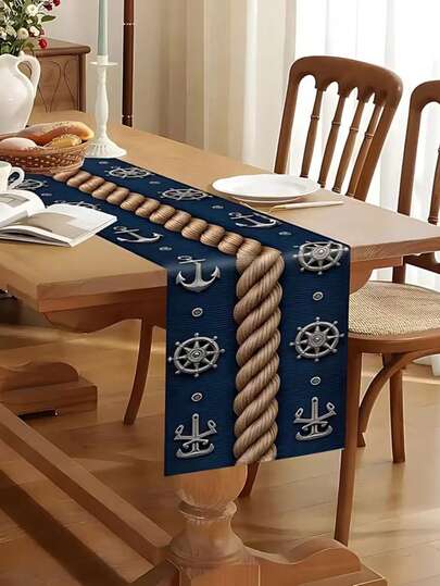 1pc Nautical-Themed Table Runner: Featuring A Striking Central Rope Flanked By Exquisite Metal Ship Wheels And Anchors On An Indigo Background. Perfect For Nautical Gatherings, Seaside Resorts, Maritime Exhibitions, And Coastal Boating Parties 13x35.4/47.2/63/72/78.7inch