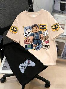 2pc Boys' Cartoon Game Graphic Round Neck Short Sleeve T-Shirt & Shorts 2 Piece Outfit,Everyday Outings And School Activities In Spring/Summer - 杏色 - 查看 1