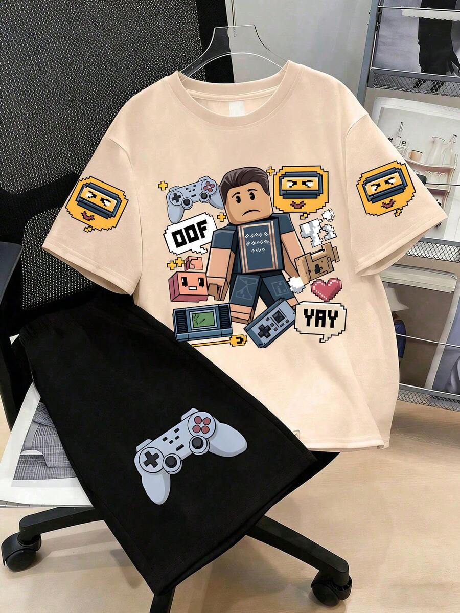 2pc Boys' Cartoon Game Graphic Round Neck Short Sleeve T-Shirt & Shorts 2 Piece Outfit,Everyday Outings And School Activities In Spring/Summer - 杏色 - 查看 1