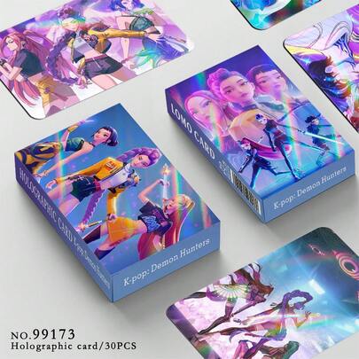 30张K-Pop女团全息萝莉卡 - 梦幻般的炫彩卡通人物收藏照片，色彩缤纷的装饰粉丝周边卡片，带有彩虹激光效果，适合收藏、粉丝见面会、演唱会、派对、DIY、剪贴簿制作，以及作为礼物送给K-Pop粉丝、粉丝、青少年、女孩、收藏家、动漫爱好者和集换式卡牌爱好者。