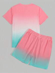Men's Ombre Gradient Palm Tree Co-Ords Set, Casual Short Sleeve Tee & Shorts, Summer Vacation & Tropical Matching Outfit - 粉色 - 查看 2