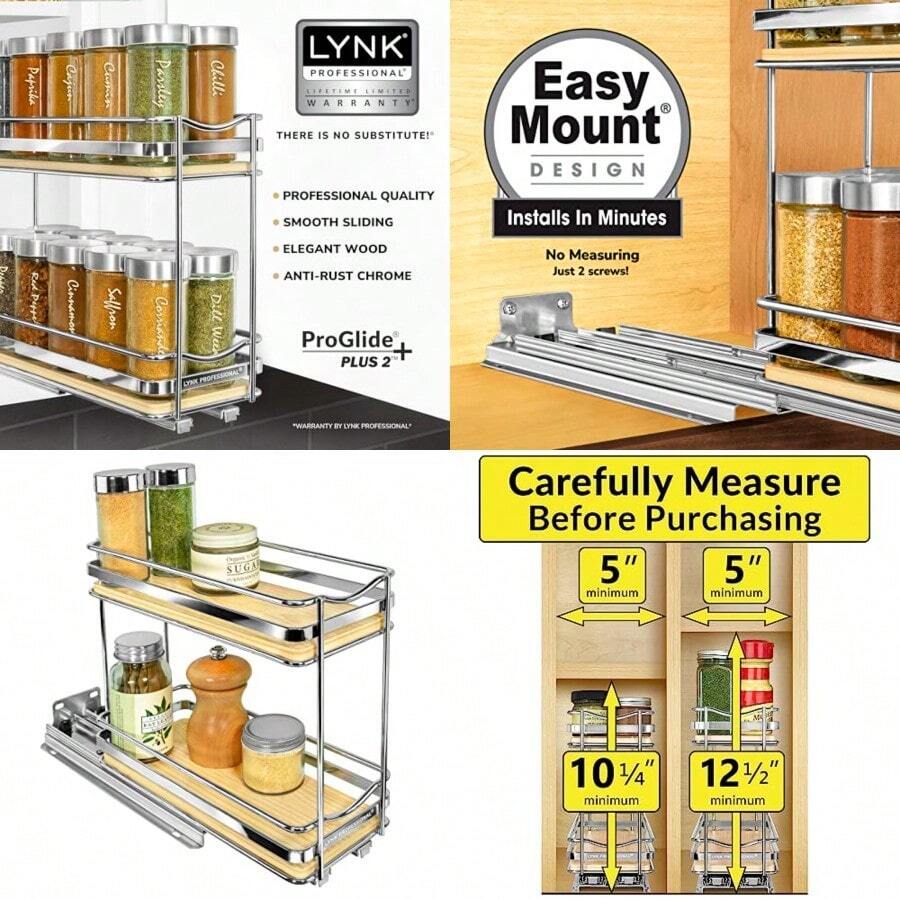 LYNK PROFESSIONAL® Élite™ Organizador de especias extraíble para gabinete - 4-1/4 pulgadas de ancho garantía limitada de por vida organizador de especias deslizante de madera y cromo - 2 niveles - Madera - Ver 1