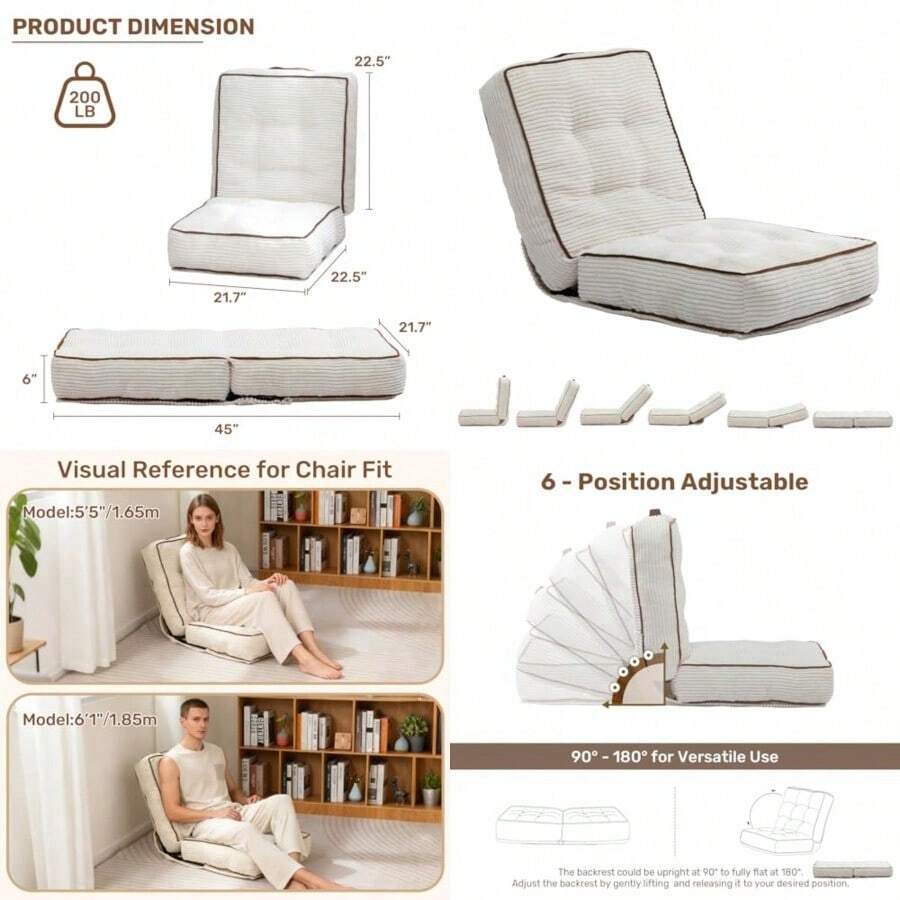HollyHOME - Silla de piso ajustable con 6 posiciones sofá reclinable plegable con soporte trasero cojín de esponja gruesa y mango portátil cómoda silla de meditación para juegos para recámara - Beis - Ver 1