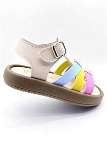 1 Pair Kids' Beige, Pink & Yellow Color Block Flat Sandals, PU Leather & Rubber Woven Color Block Design, Ankle Hook And Loop Closure, Round Toe, Non-Slip Breathable Sole, Sweet Casual Roman Style Sandals, Suitable For 3-12 Years Old Boys & Girls, Spring/Summer 2026 New Arrival - Multicolor - View 5