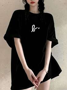 Áo thun ngắn tay in họa tiết Y2K, áo nữ mùa hè dáng rộng thoải mái cổ tròn đa năng giúp tôn dáng. - màu đen - Xem 2