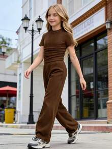 Girls' Short Sleeve Top And Wide Leg Pants Set, Solid Color Ribbed Short Sleeve Shirt + Ribbed Wide Leg Pants, Casual Versatile 2 Pieces Outfit - Coffee Brown - View 1