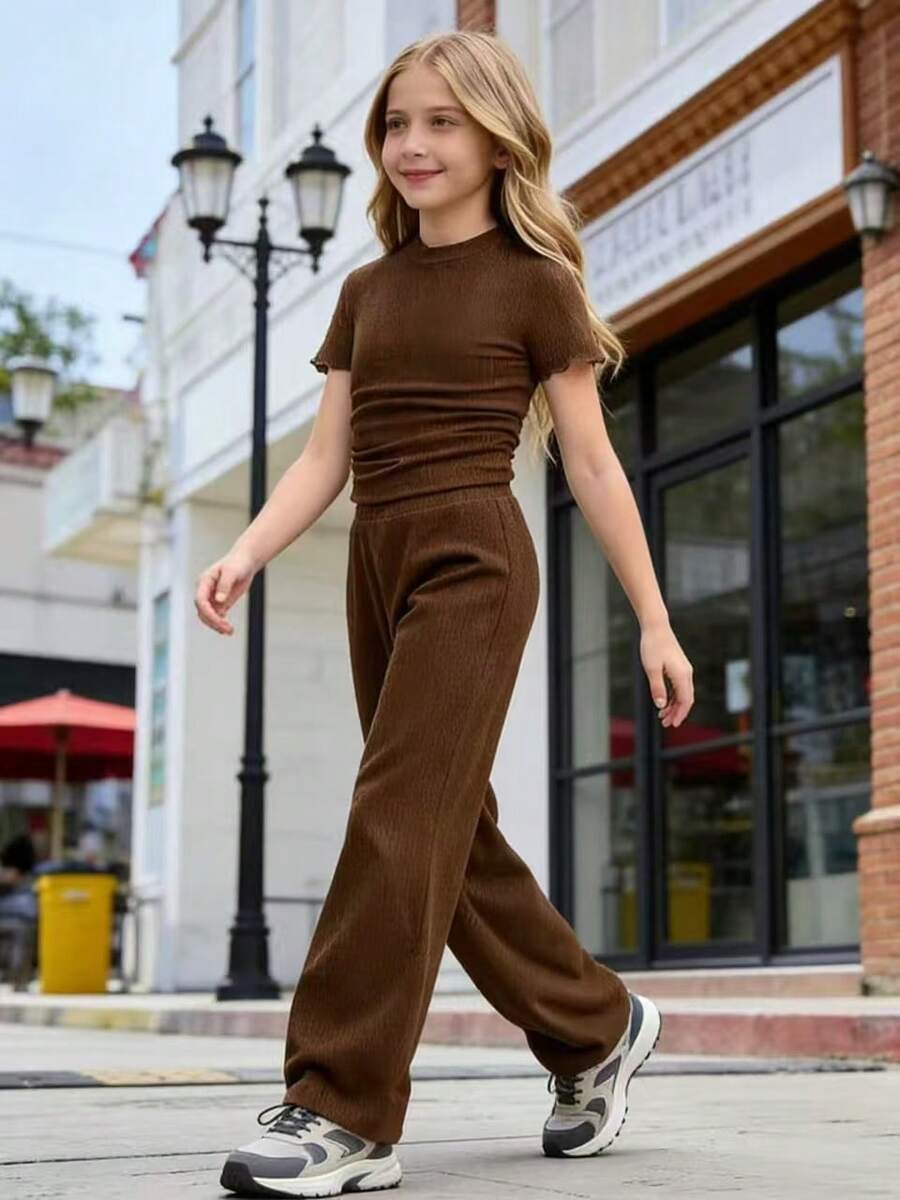 Girls' Short Sleeve Top And Wide Leg Pants Set, Solid Color Ribbed Short Sleeve Shirt + Ribbed Wide Leg Pants, Casual Versatile 2 Pieces Outfit - Coffee Brown - View 1