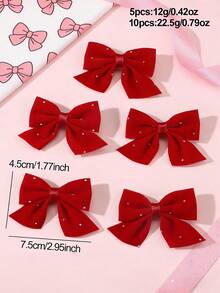 5pcs/10pcs Girls Elegant Red Rhinestone Bow Hair Clips Set, Suitable For Daily, Party, And Decoration Matching - Red - View 5