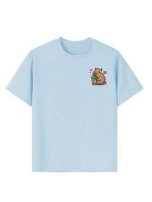 Tween Girl Cute Capybara Print T-Shirt, Soft And Comfortable Fabric, Suitable For Girls Outdoor Sports, Daily Wear, Street Style, Campus Style, Fashionable Girls Spring/Summer Casual Versatile Top - Baby Blue - View 7