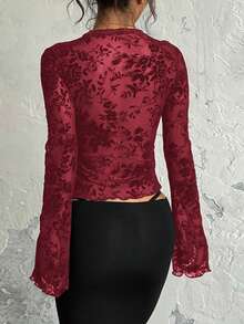 1 pieza Blusa transparente con nudo delantero asimétrico/asimétrico de tela de punto de unicolor, adecuada para salir de noche, fiesta de cumpleaños, fiesta de vuelta al colegio, fiesta de solteros - Burdeos - Ver 3
