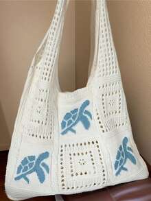 Yiinny Summer New Style Lady Daily Use Lightweight Tote Bags Sea Turtle Pattern Hollowed Out Knitted Crochet Beach Shopping Bags,Summer School Bag For Graduate, Teen Girls, Freshman, Sophomore, Junior & Senior In College, University & High School, Perfect For Outdoors ,Travel & Back To School - A - View 9