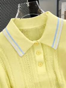 夏季镂空设计 Polo 领休闲百搭小众针织上衣 - 淡黃色 - 查看 3