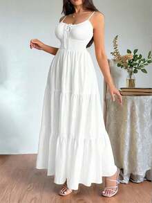 Women's Yellow Drawstring Shirred Waist A-Line Long Dress, Suitable For Office, Elegant, Sexy, Vacation, Beach, Hawaii, Romantic, Date, Valentine's Day, Concert, Wedding Season,Boho Clothes Women - 白色 - 查看 4