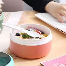 1pc Round Lunch Box, Microwave Soup Bowl With Spoon, Large Capacity Lunch Container For School, Office, Camping, Plastic Inner Bowl, Back To School Essential - Multicolor - View 7