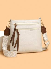 Fashionable Plaid Contrast Color Multi-Pocket Coin & Phone Pouch, Bohemian Adjustable Wide Strap Crossbody Or Shoulder Bag, PU Embossed Design Versatile - White - View 11