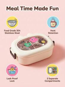 304 Stainless Steel Leakproof Bento Lunch Box, Double-Compartment Insulated Food Container With Cute Cat Ear Lid, Portable Kawaii Meal Prep Box For Office, School, Picnic & Daily Use, Cream White/Pink/Green - Multicolor - View 5
